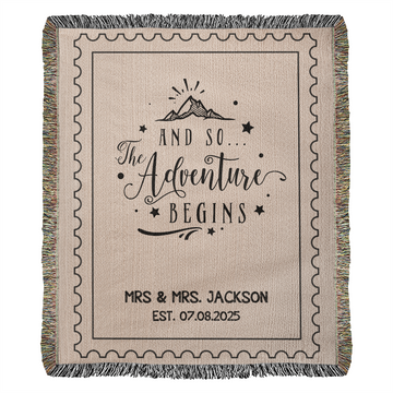 Personalized Wedding Blanket Custom Name Woven Throw, Adventure Begins Gift for Couple, Cotton Anniversary Keepsake Throw