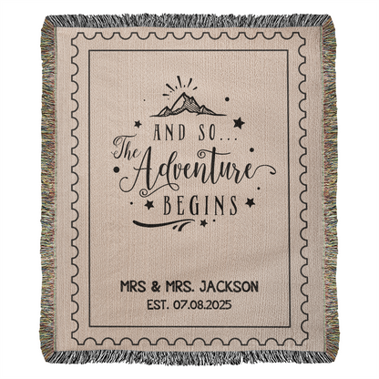 Personalized Wedding Blanket Custom Name Woven Throw, Adventure Begins Gift for Couple, Cotton Anniversary Keepsake Throw