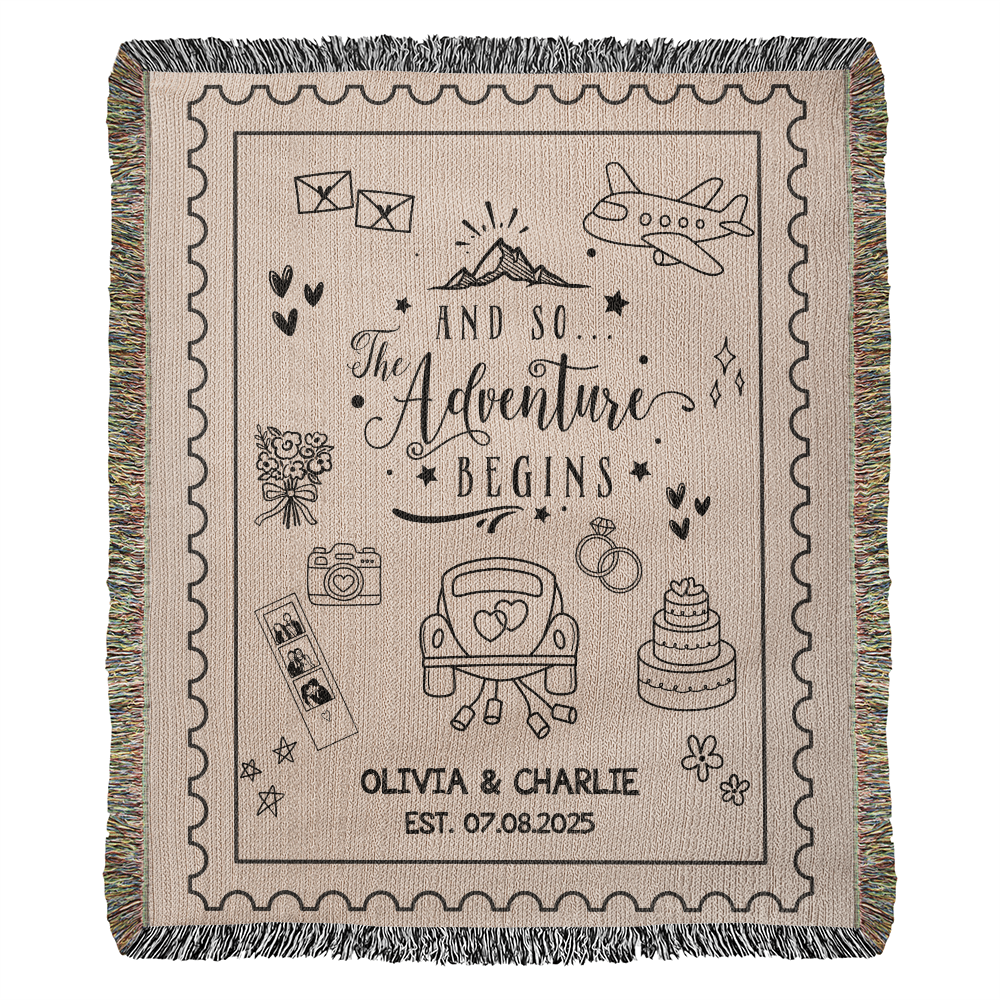 Custom Name Wedding Blanket, Personalized Woven Throw Gift for Couple, Cotton Anniversary Keepsake, Adventure Begins Blanket
