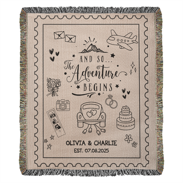 Custom Name Wedding Blanket, Personalized Woven Throw Gift for Couple, Cotton Anniversary Keepsake, Adventure Begins Blanket