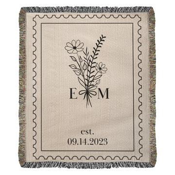Custom Cotton Anniversary Blanket | Personalized Throw with Initials & Established Date | Wedding Keepsake or Christmas Gift for Couples