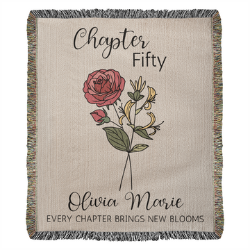 50th Birthday Gift for Women or Men, Chapter 50 Name Blanket, Birth Month Flower Throws, Personalized 50 Years Old Birthday Present