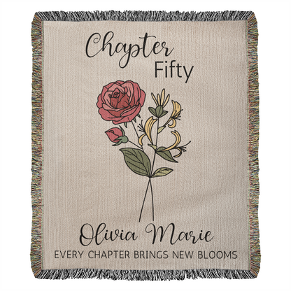50th Birthday Gift for Women or Men, Chapter 50 Name Blanket, Birth Month Flower Throws, Personalized 50 Years Old Birthday Present