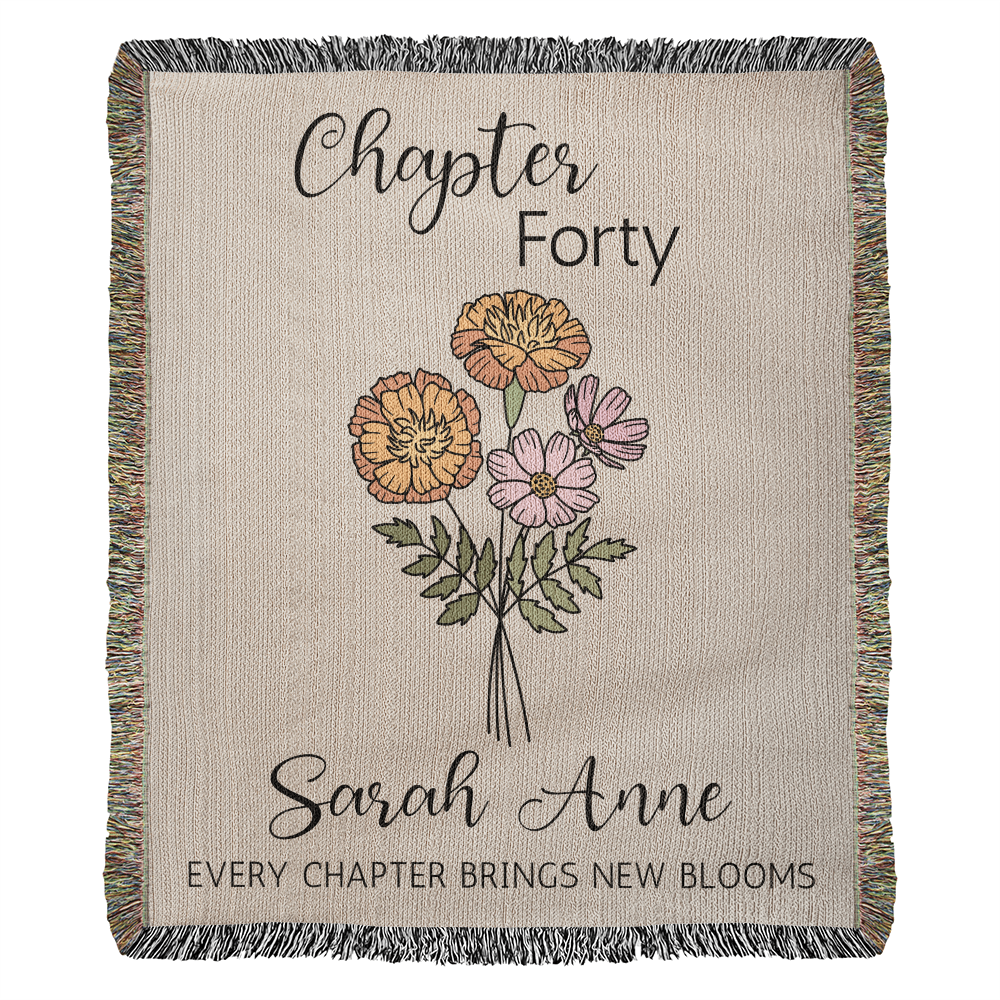 40th Birthday Gift for Her or Him, Chapter 40 Name Blanket, Birth Flower Throws, Personalized Gift for 40 Year Old Woman or Daughter