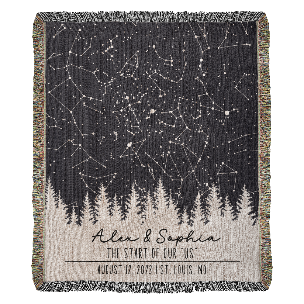 Personalized Wedding Woven Blanket, Custom Star Map Throw with Names, Night Sky Special Date, Outdoors Lovers Gift, Cotton Anniversary Gift