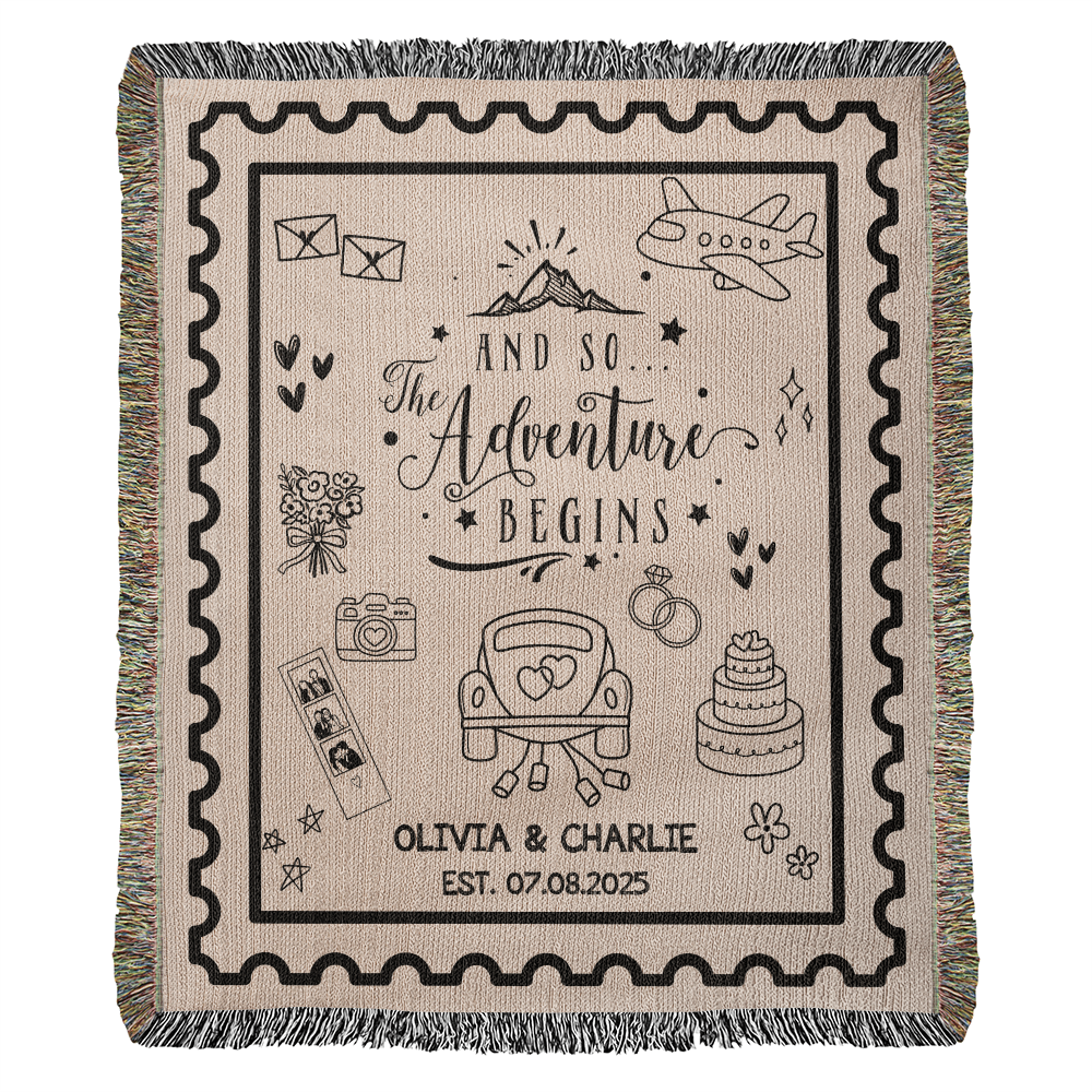 Personalized Wedding Blanket, Custom Names Wedding Gift Woven Throw, Hand Drawn Wedding Stamp Gift, Travel Gifts for Couple Keepsake, Wedding Souvenir