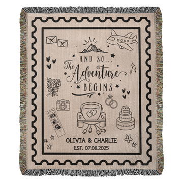 Personalized Wedding Blanket, Custom Names Wedding Gift Woven Throw, Hand Drawn Wedding Stamp Gift, Travel Gifts for Couple Keepsake, Wedding Souvenir
