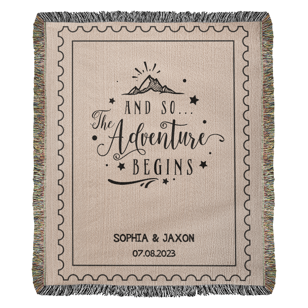 Custom Name Throws Wedding Blanket, Personalized Woven Throw, Hand Drawn Wedding Stamp Gift, Whimsical Couple Keepsake, Wedding Souvenir