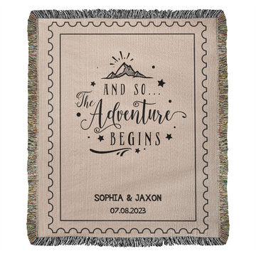 Custom Name Throws Wedding Blanket, Personalized Woven Throw, Hand Drawn Wedding Stamp Gift, Whimsical Couple Keepsake, Wedding Souvenir