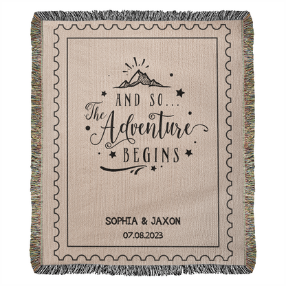 Custom Name Throws Wedding Blanket, Personalized Woven Throw, Hand Drawn Wedding Stamp Gift, Whimsical Couple Keepsake, Wedding Souvenir