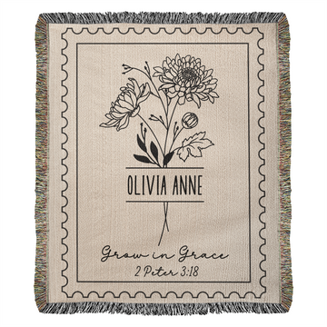 Grow in Grace Personalized Birth Month Flower Cotton Blanket, 2 Peter 3:18 Bible Verse Gift for Her, Christian Gifts for Women, Faith, Jesus