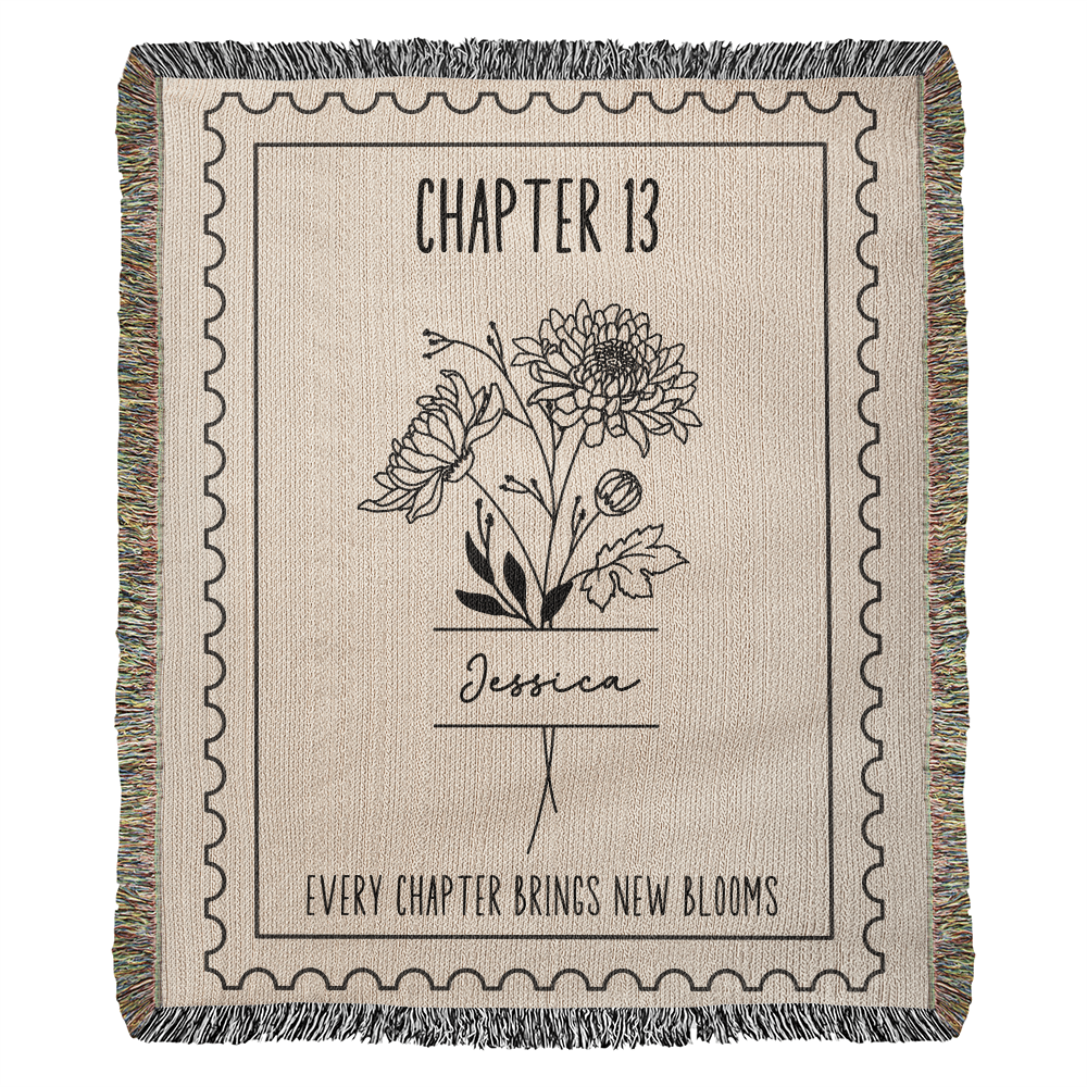 13th Birthday Gift for Her, Personalized Chapter 13 Book Lover Reading Blanket Birthday Month Flower Keepsake Gift for Milestone