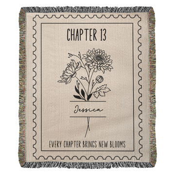 13th Birthday Gift for Her, Personalized Chapter 13 Book Lover Reading Blanket Birthday Month Flower Keepsake Gift for Milestone