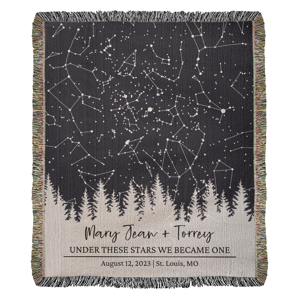 Personalized Wedding Woven Blanket, Custom Star Map Throw with Names, Night Sky, Special Date, Outdoors Lovers Gift, Cotton Anniversary Gift