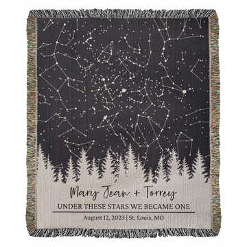 Personalized Wedding Woven Blanket, Custom Star Map Throw with Names, Night Sky, Special Date, Outdoors Lovers Gift, Cotton Anniversary Gift