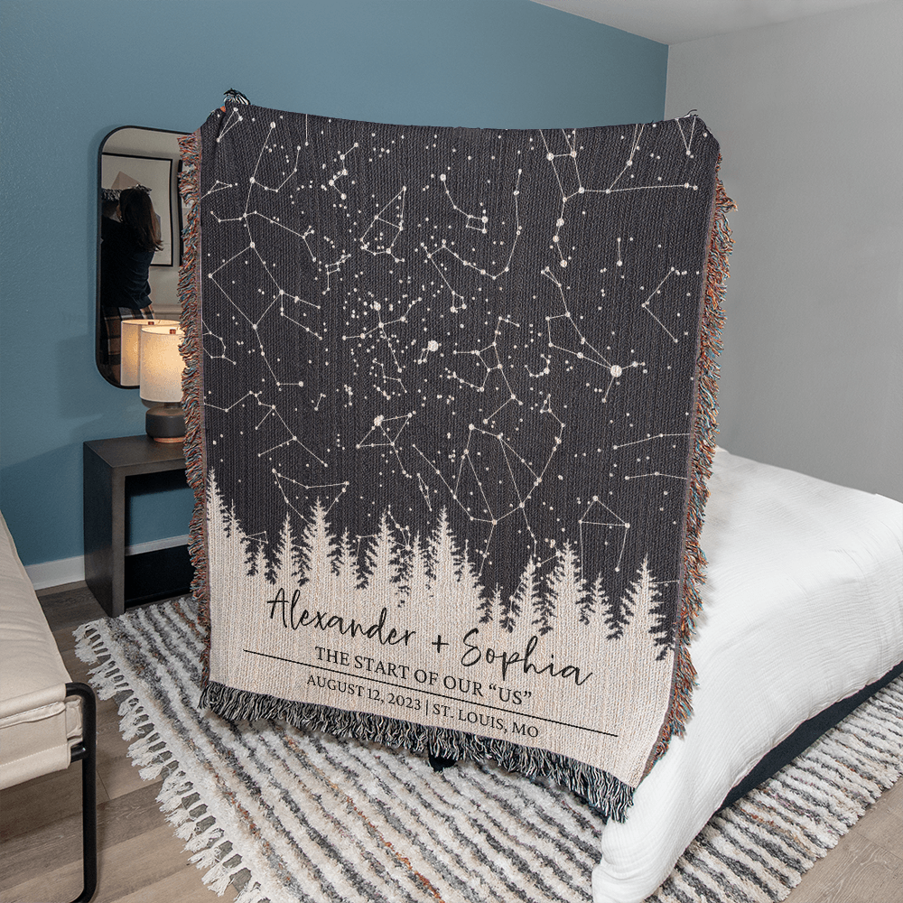 Personalized Wedding Woven Blanket, Custom Star Map Throw with Names, Night Sky, Special Date, Outdoors Lovers Gift, Cotton Anniversary Gift