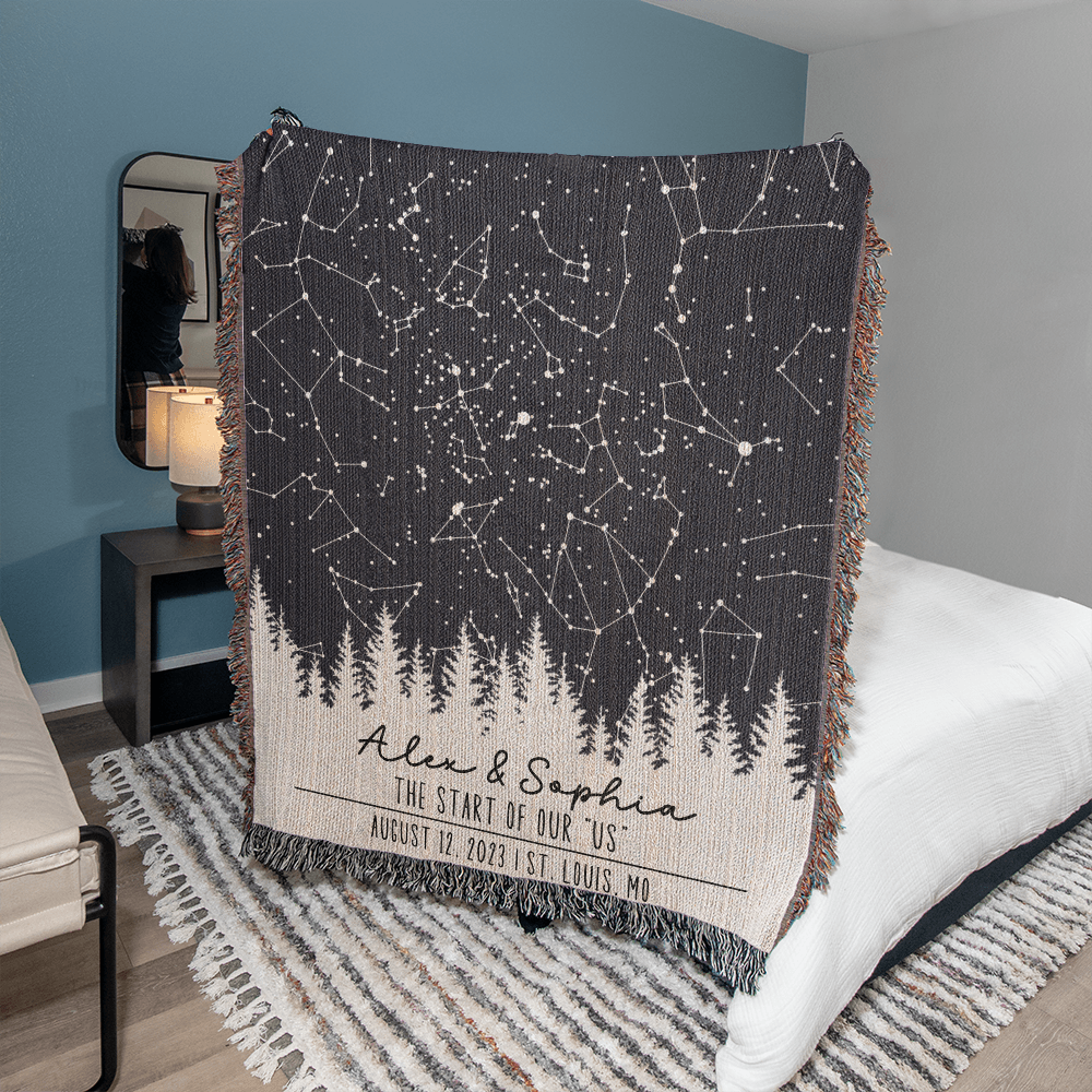 Personalized Wedding Woven Blanket, Custom Star Map Throw with Names, Night Sky Special Date, Outdoors Lovers Gift, Cotton Anniversary Gift