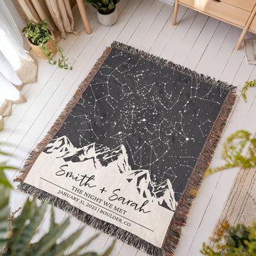 Personalized Wedding Woven Blanket Throws, Custom Star Map By Date Throw, Night Sky Special Date, Outdoors Lovers Gift, Cotton Anniversary Gift