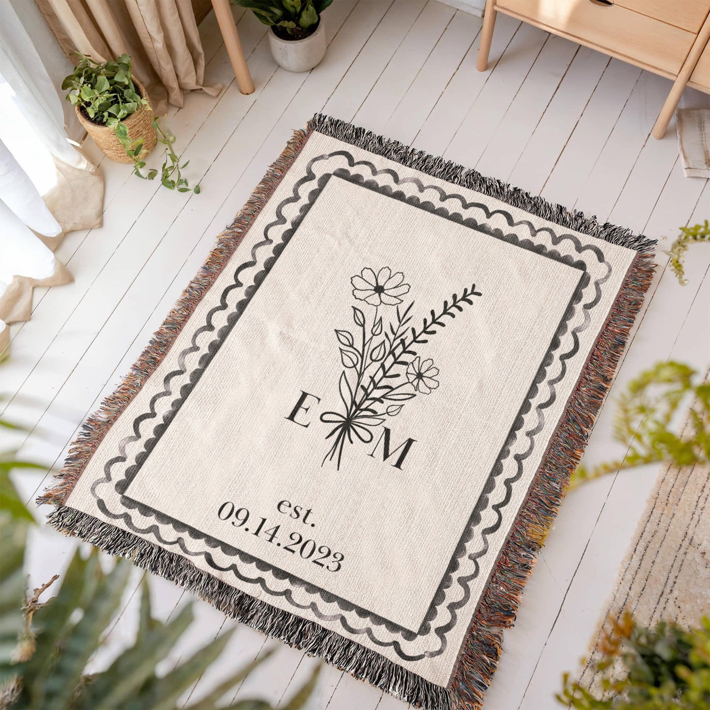 Personalized Cotton Anniversary Blanket | Custom Wedding Throw with Initials & Est Date | 2nd Anniversary Gift for Wife or Couple