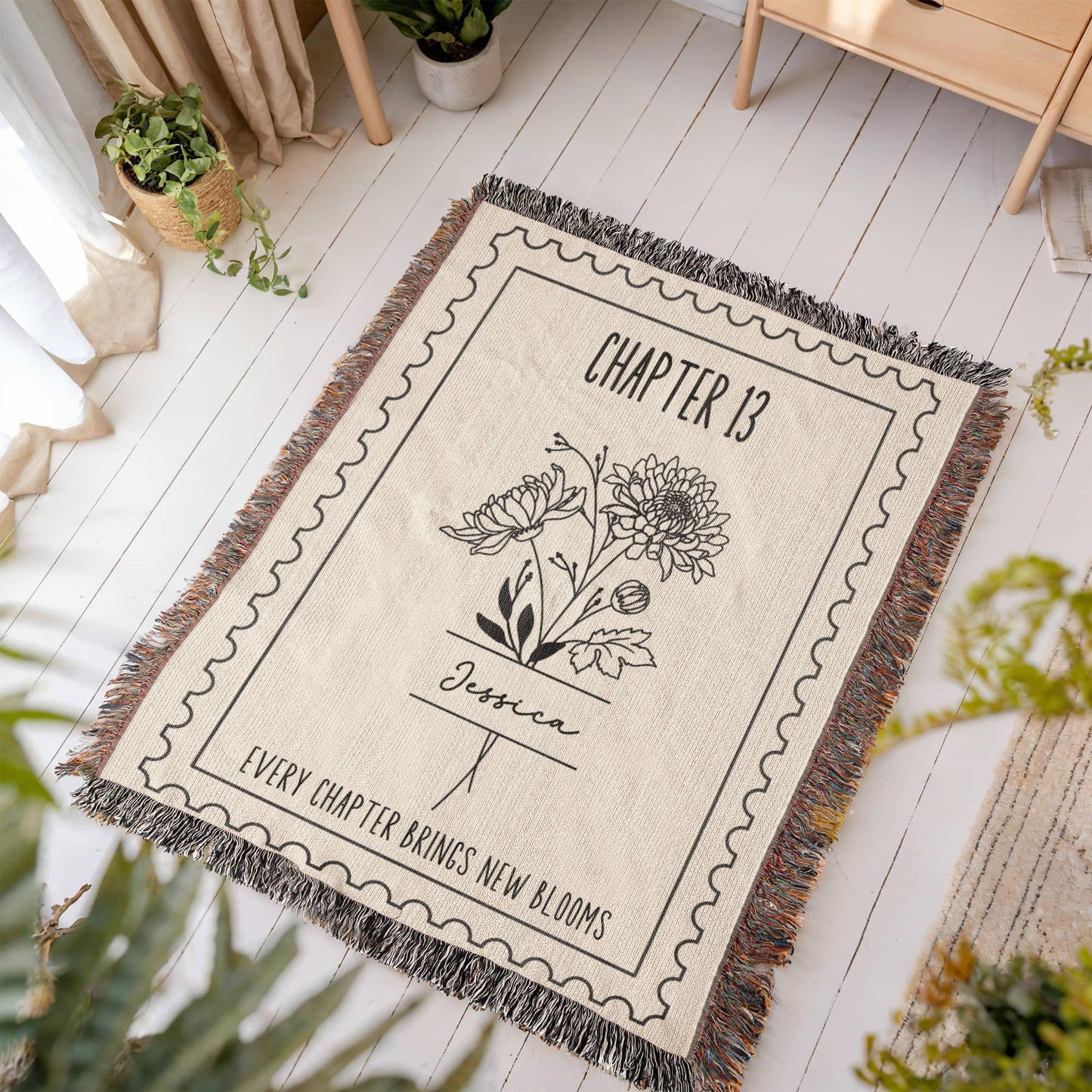 13th Birthday Gift for Her, Personalized Chapter 13 Book Lover Reading Blanket Birthday Month Flower Keepsake Gift for Milestone