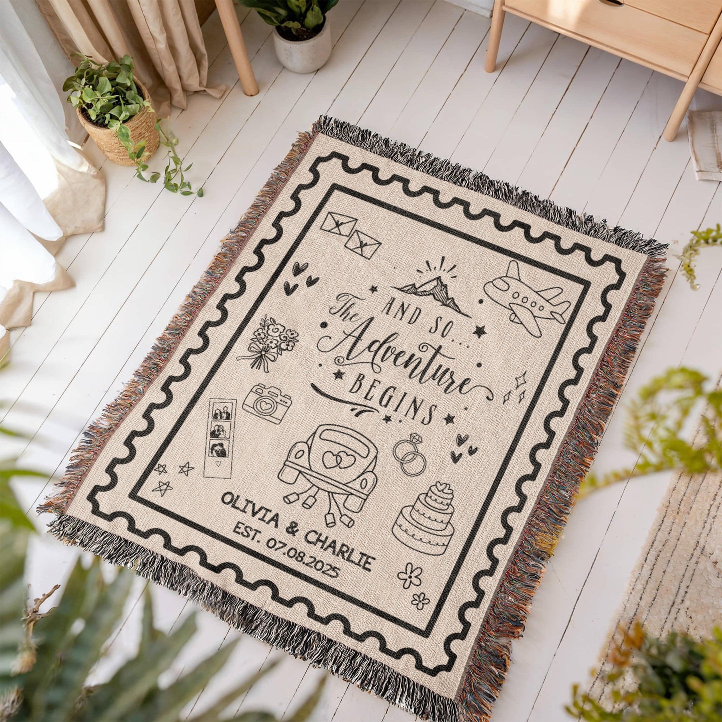 Personalized Wedding Blanket, Custom Names Wedding Gift Woven Throw, Hand Drawn Wedding Stamp Gift, Travel Gifts for Couple Keepsake, Wedding Souvenir