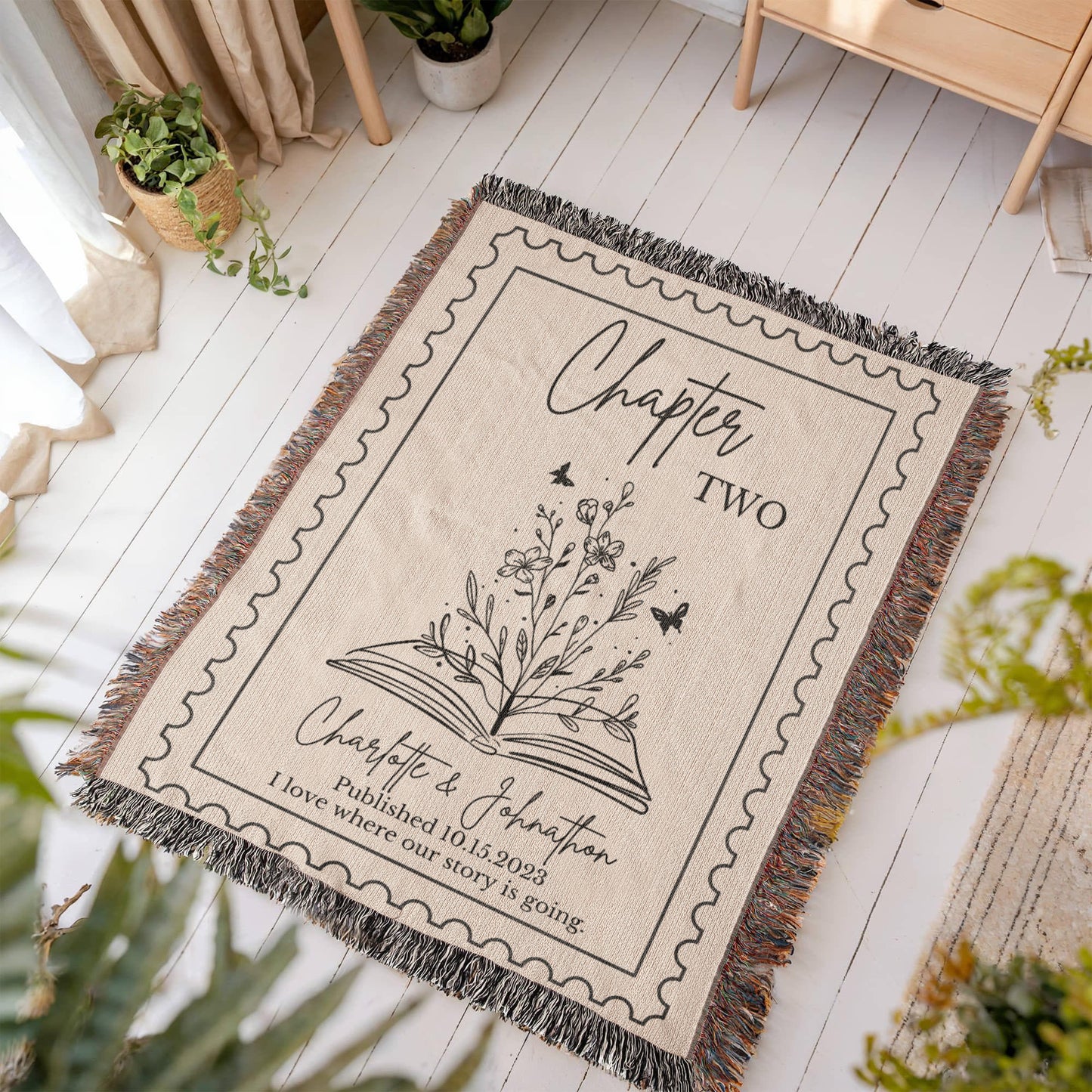 Personalized Book Lover Anniversary Blanket, Customized 100% Cotton Throw with Chapter and Wildflowers, Couple Names Woven Blanket Wedding Gift