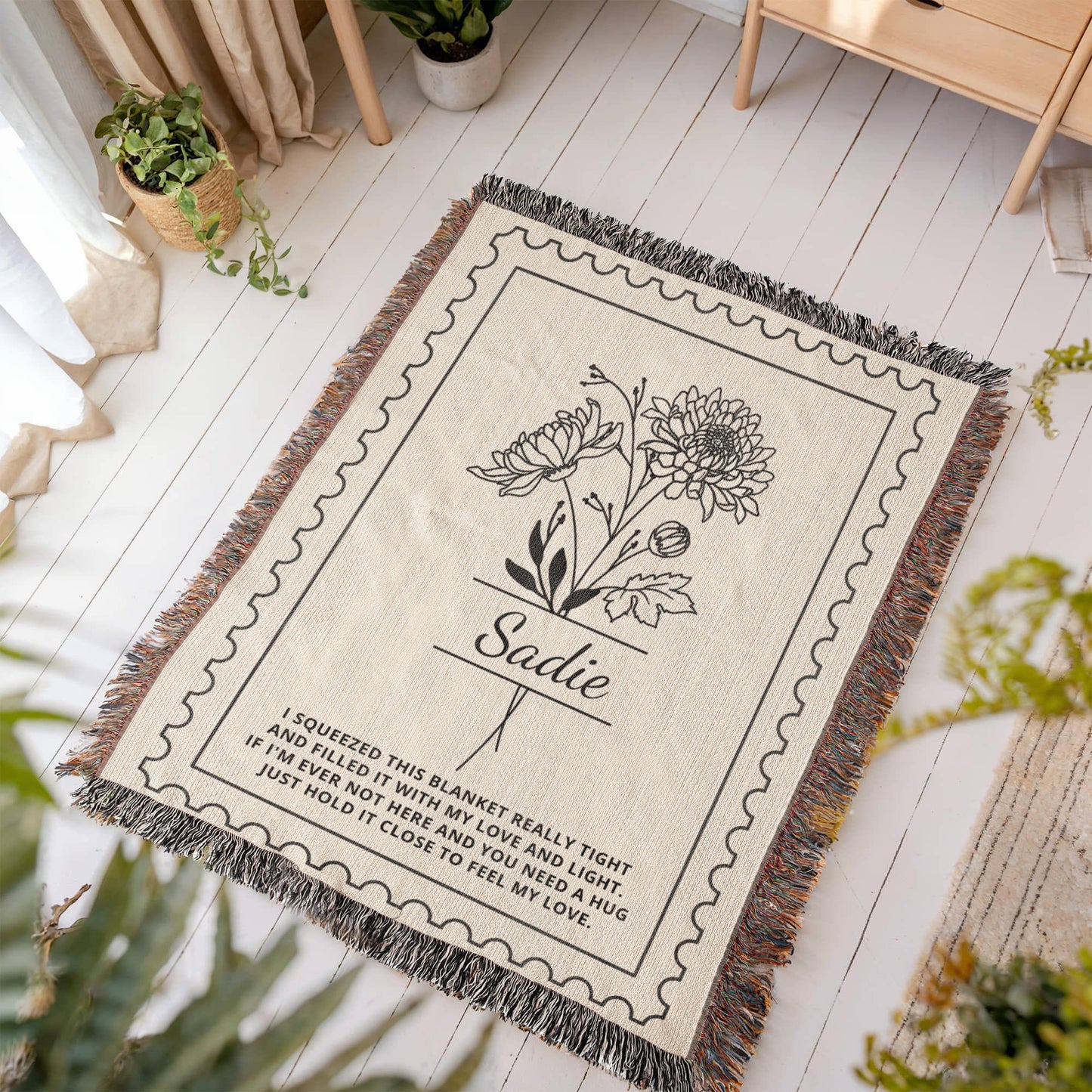 Personalized Birth Flower Blanket with Name | Custom Woven Throw Gift for Daughter, Granddaughter, Mom, Grandma, Wife