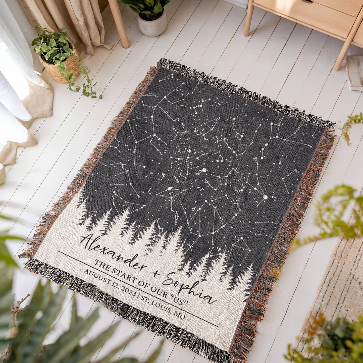 Personalized Wedding Woven Blanket, Custom Star Map Throw with Names, Night Sky, Special Date, Outdoors Lovers Gift, Cotton Anniversary Gift