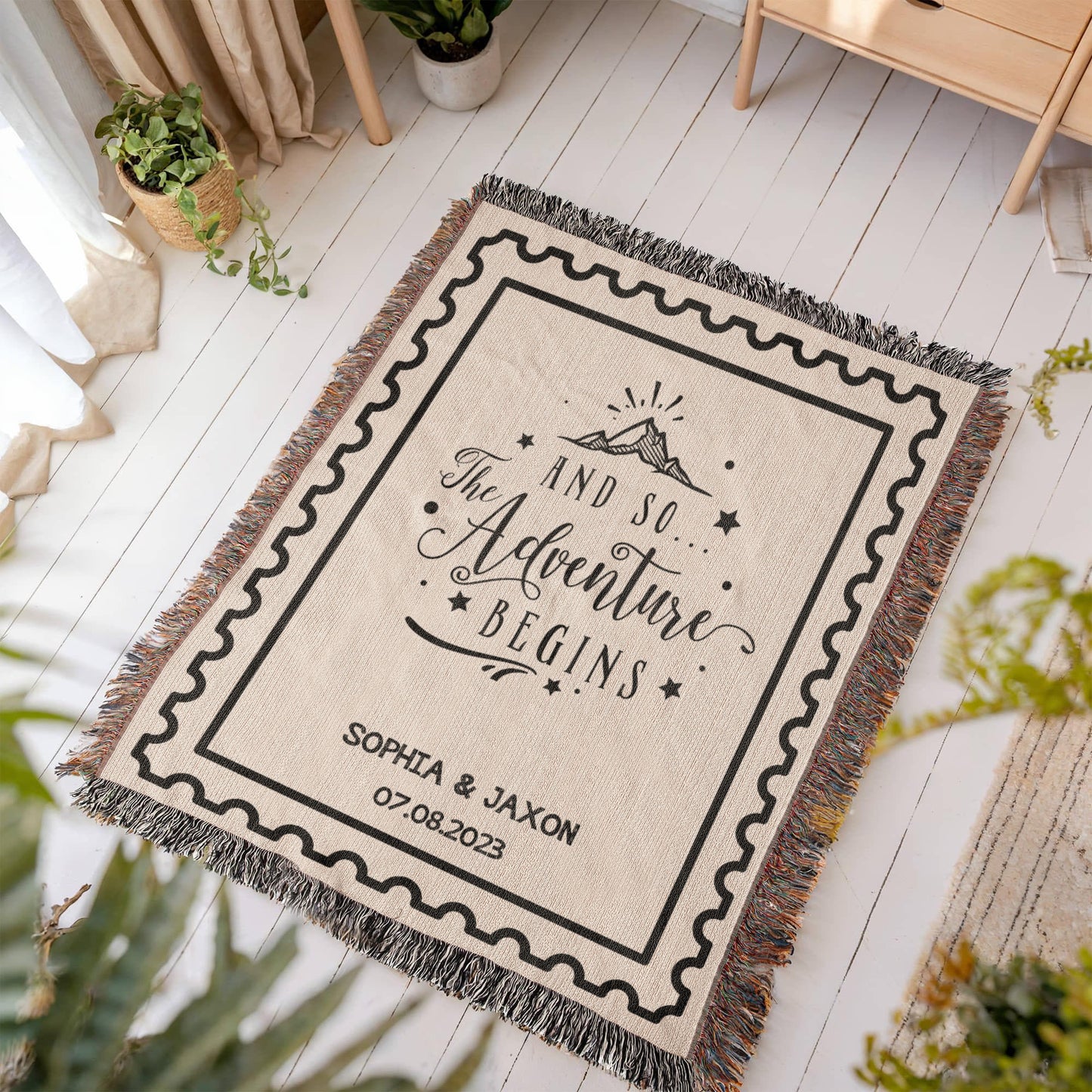 Custom Name and Date Wedding Blanket, Personalized Woven Throw, Hand Drawn Wedding Stamp Gift, Whimsical Couple Keepsake, Wedding Souvenir