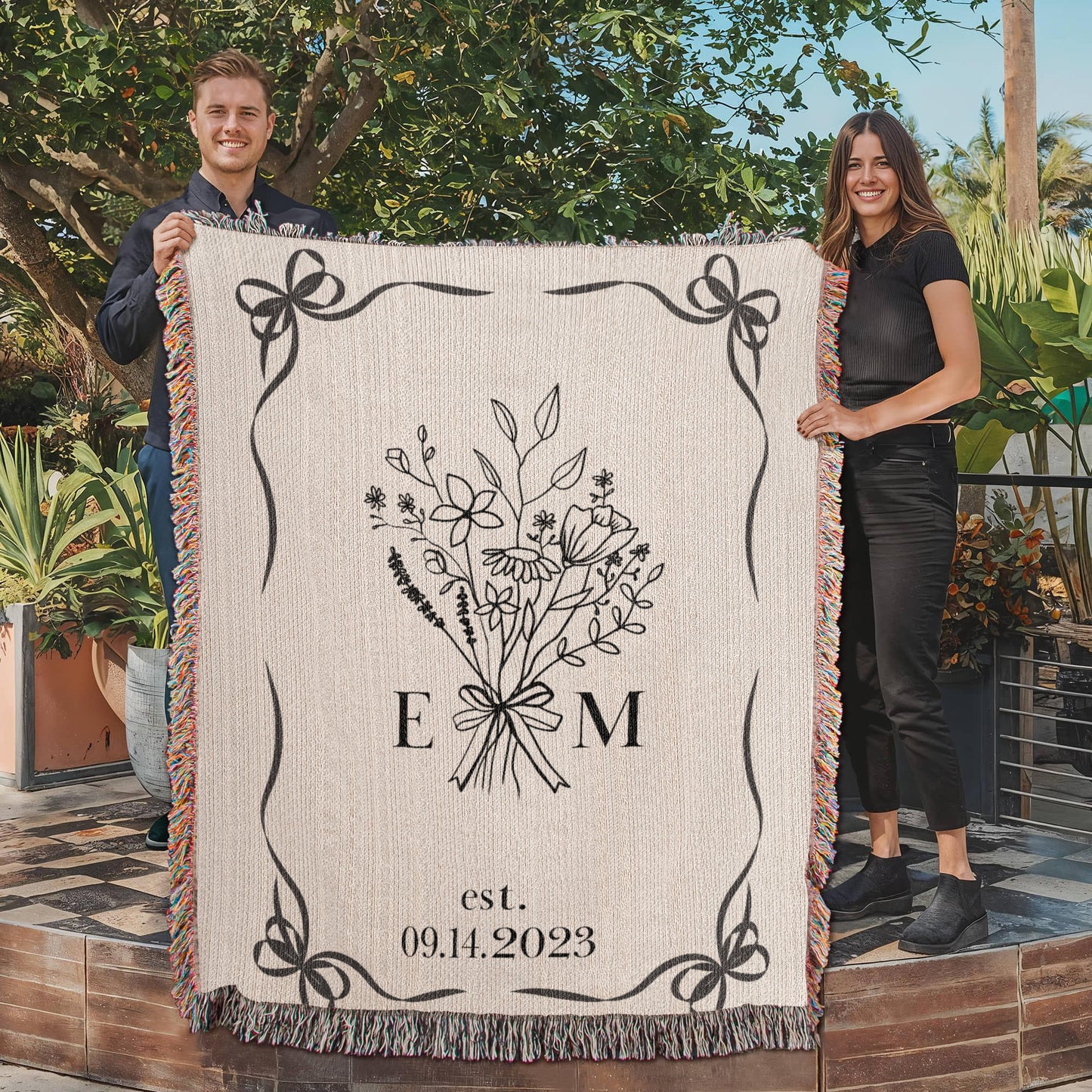 Personalized Cotton Anniversary Blanket | Coquette Custom Wedding Throw with Initials & Established Date | 2nd Anniversary Gift for Wife or Couple