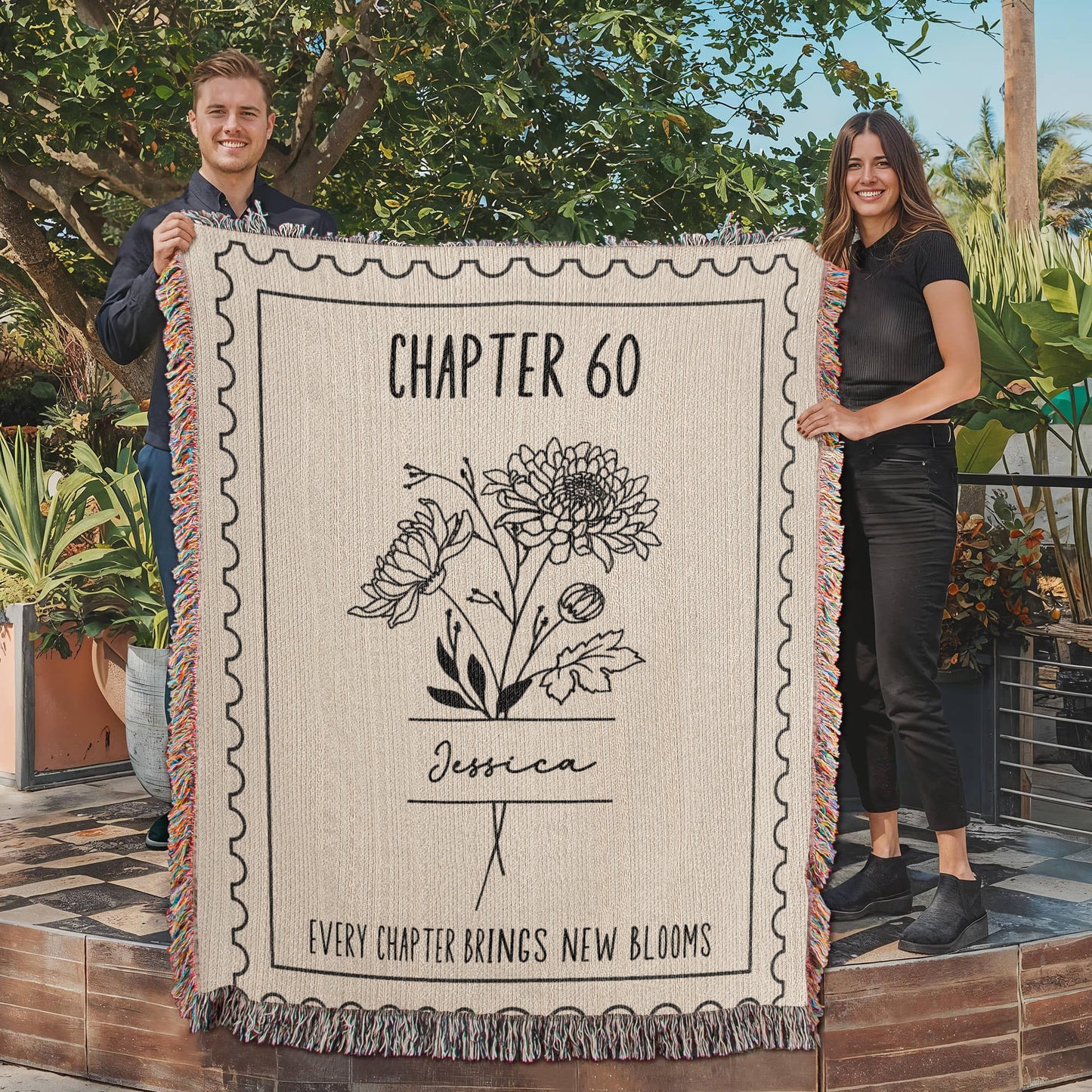 60th Birthday Gift for Women,  Birthday Month Flower Chapter 60 Name Reading Blanket, Personalized 60 Years Old Birthday Present