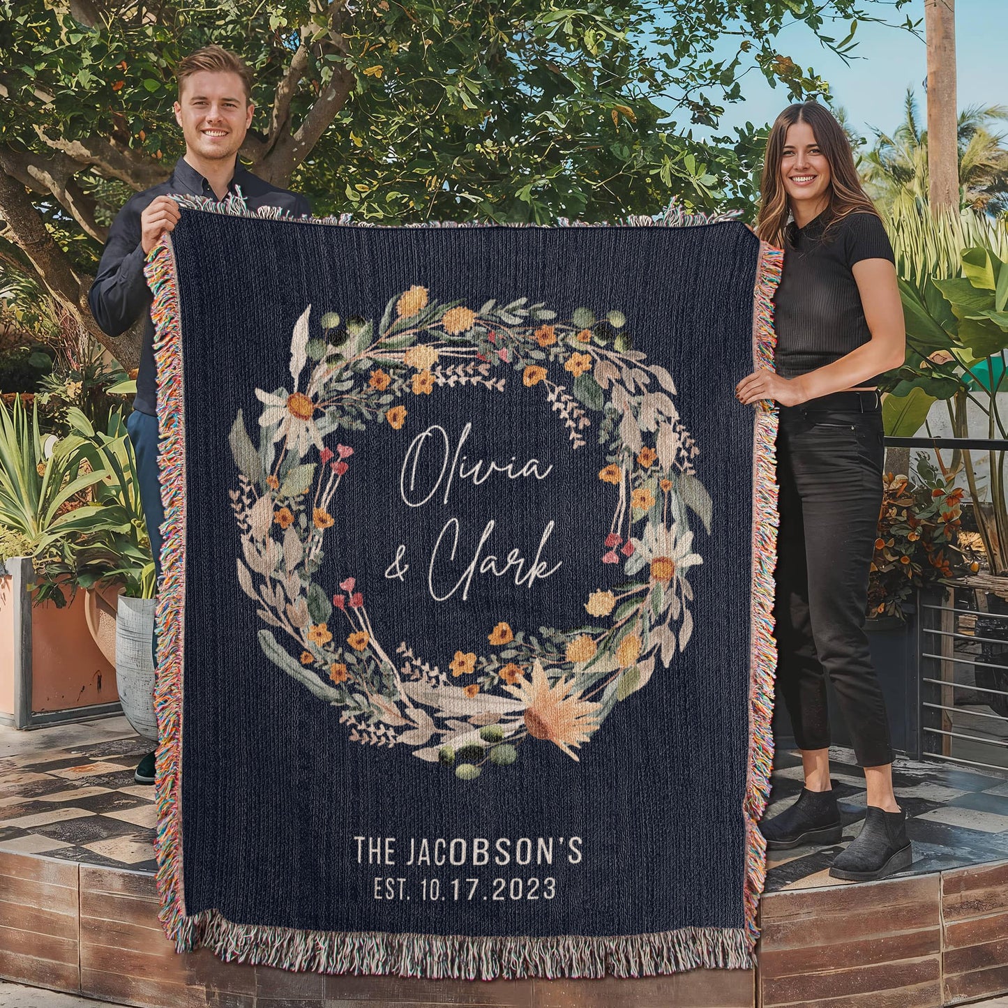 Personalized Woven Couples Blanket with Names & Date | Custom Cotton Throw Wedding Gift, Anniversary Present, Engagement Keepsake