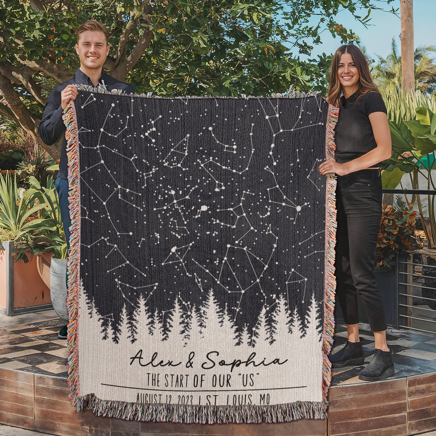 Personalized Wedding Woven Blanket, Custom Star Map Throw with Names, Night Sky Special Date, Outdoors Lovers Gift, Cotton Anniversary Gift