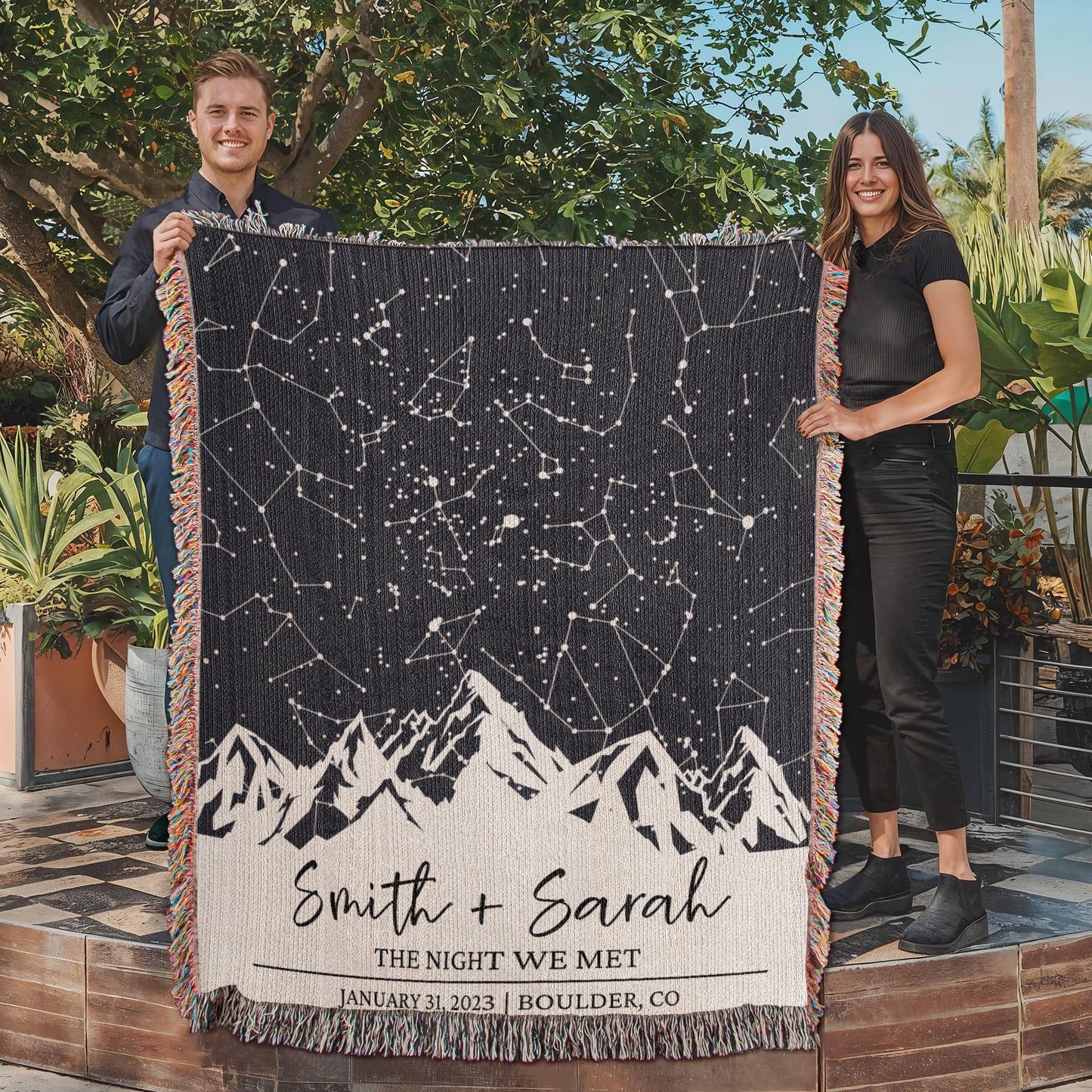 Personalized Wedding Woven Blanket Throws, Custom Star Map By Date Throw, Night Sky Special Date, Outdoors Lovers Gift, Cotton Anniversary Gift
