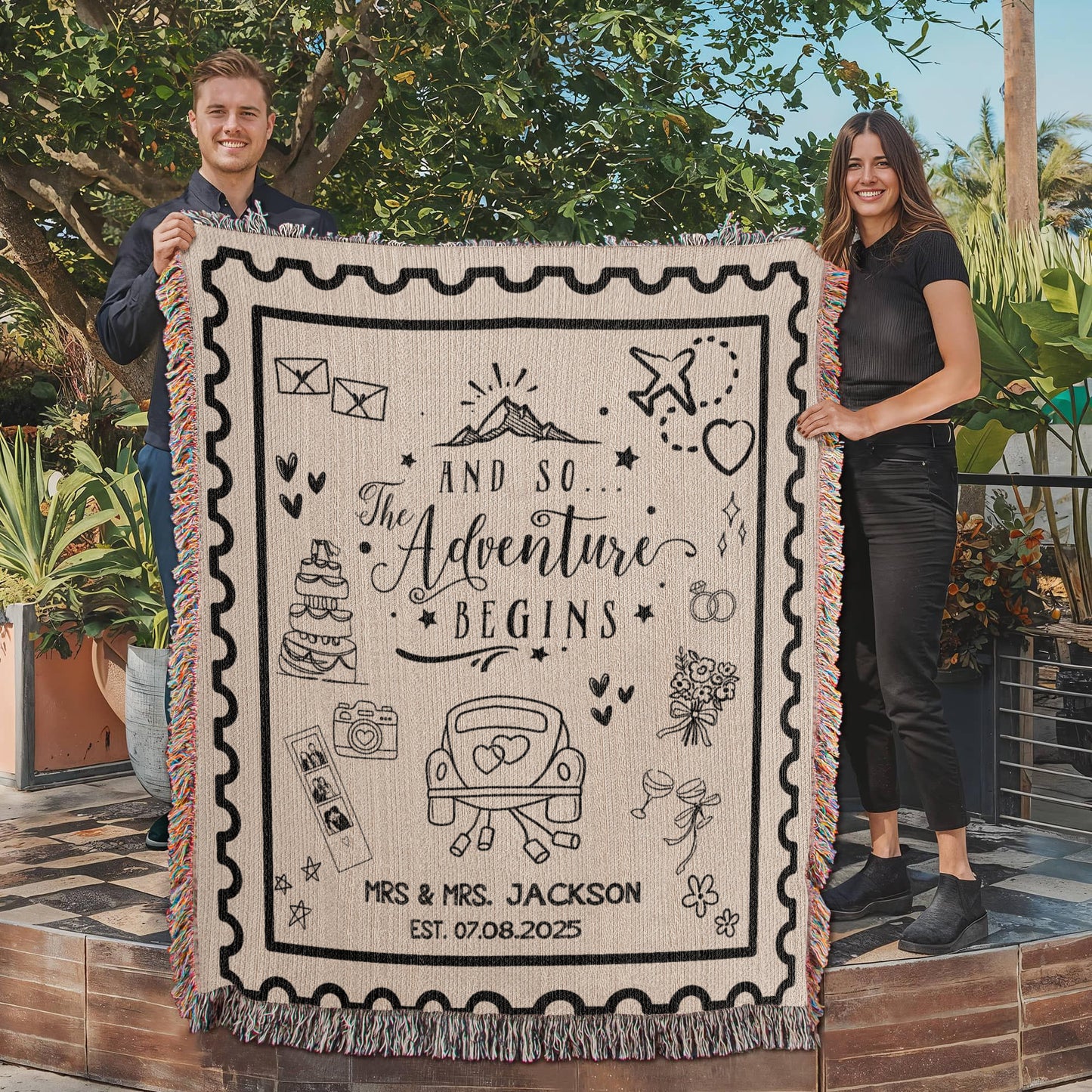 Custom Adventure Lovers Gifts Wedding Blanket, Personalized Woven Throw, Hand Drawn Wedding Stamp Gift, Travel Couple Keepsake, Wedding Souvenir