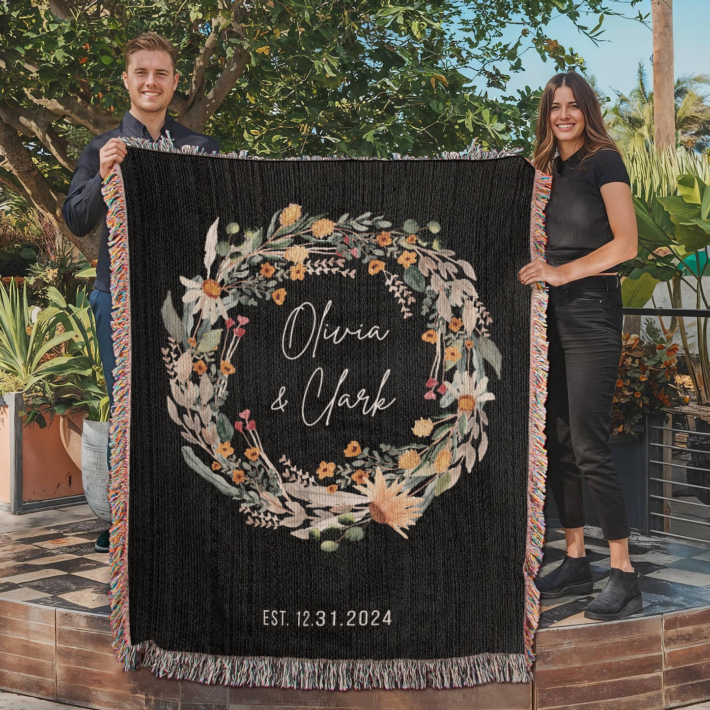Custom Couples Blanket with Names & Date | Personalized Cotton Throw Wedding Gift, Christmas Anniversary Present, Engagement Keepsake