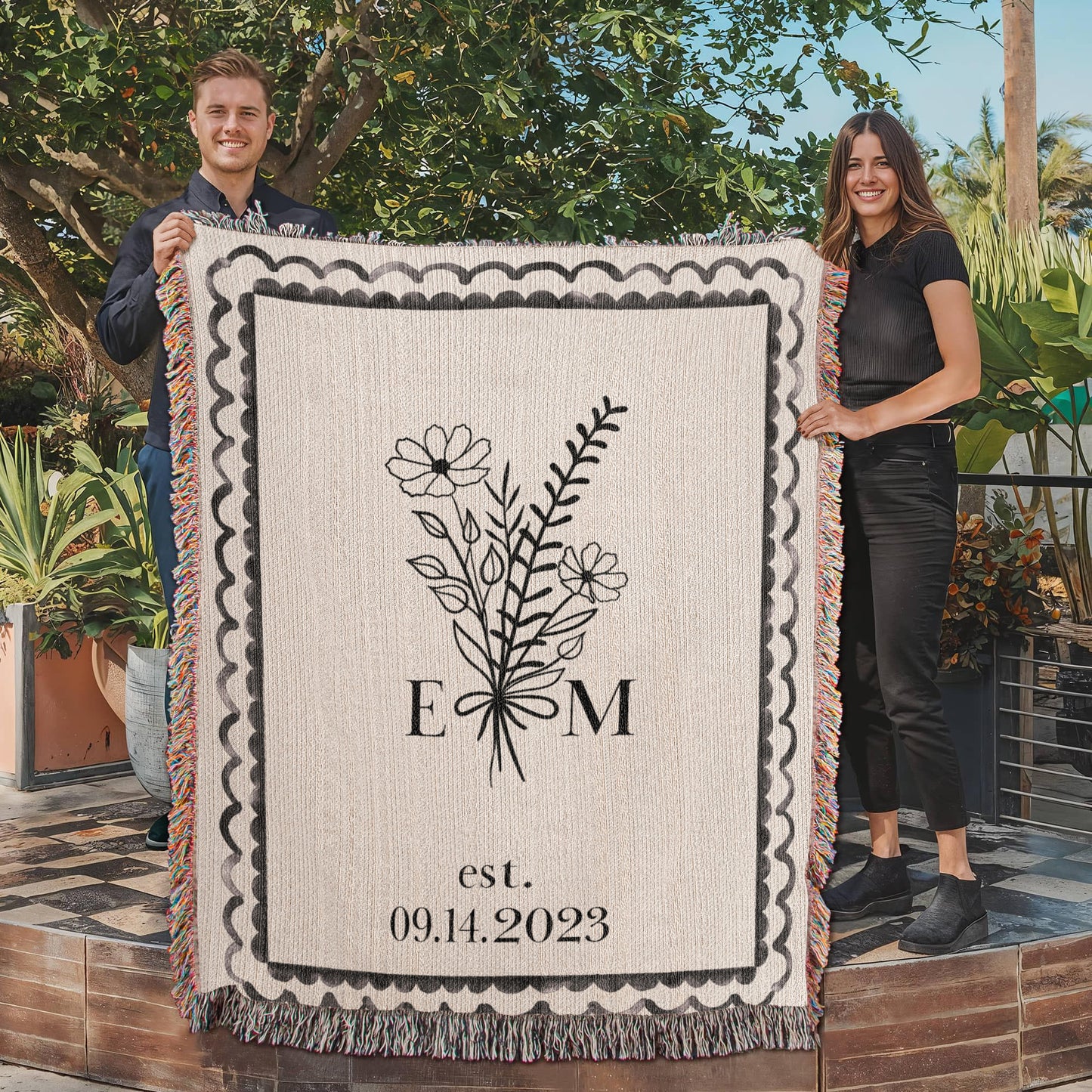 Personalized Cotton Anniversary Blanket | Custom Wedding Throw with Initials & Est Date | 2nd Anniversary Gift for Wife or Couple