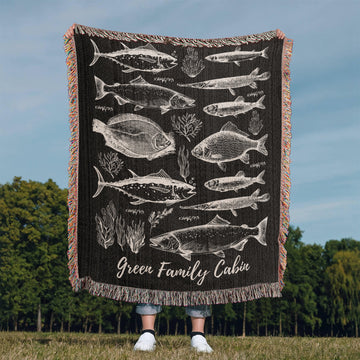Personalized Vintage Freshwater Gamefish Woven Blanket Rustic Cabin Lodge Decor Fishing Wall Art Tapestry Lake House Fisherman Decor Housewarming