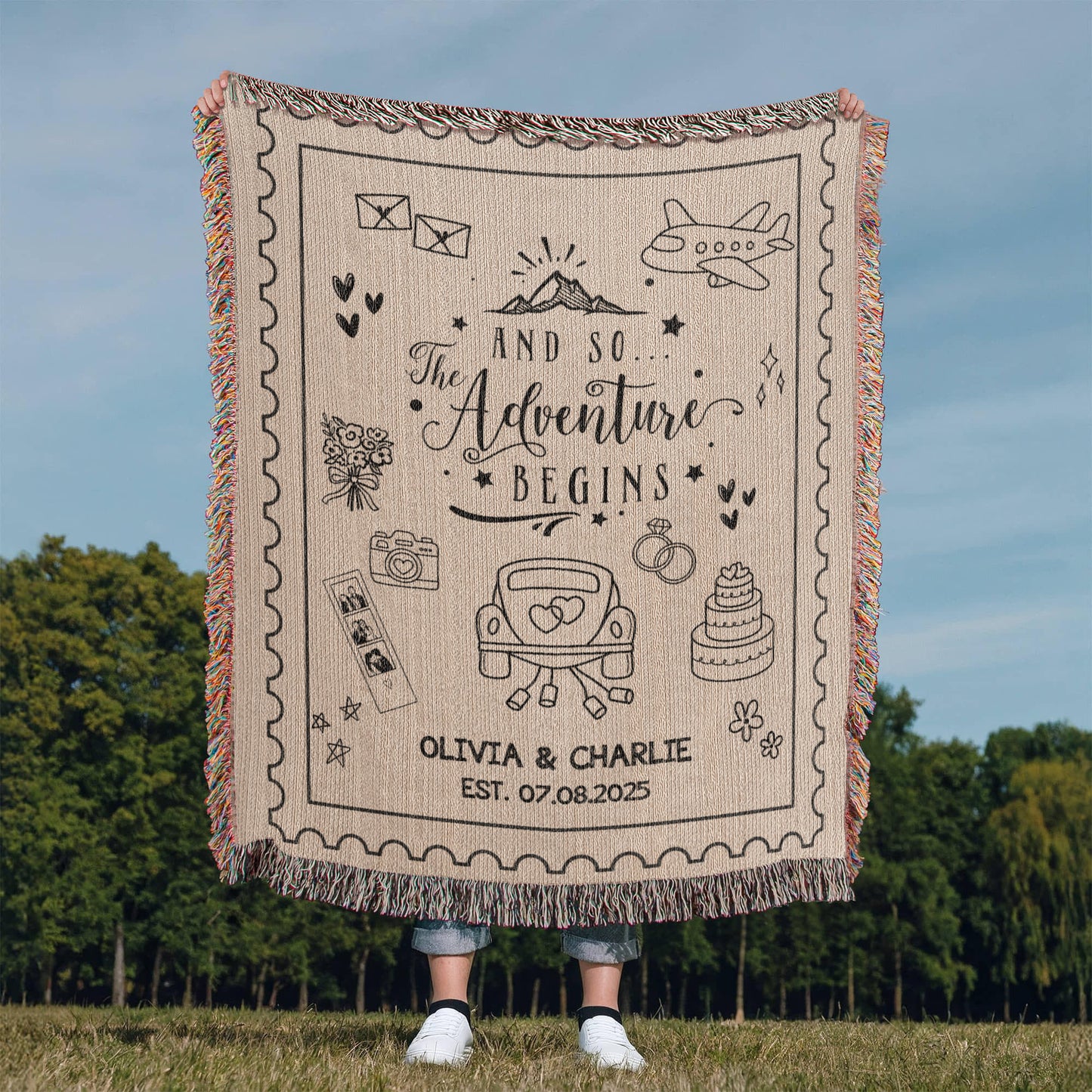 Custom Name Wedding Blanket, Personalized Woven Throw Gift for Couple, Cotton Anniversary Keepsake, Adventure Begins Blanket