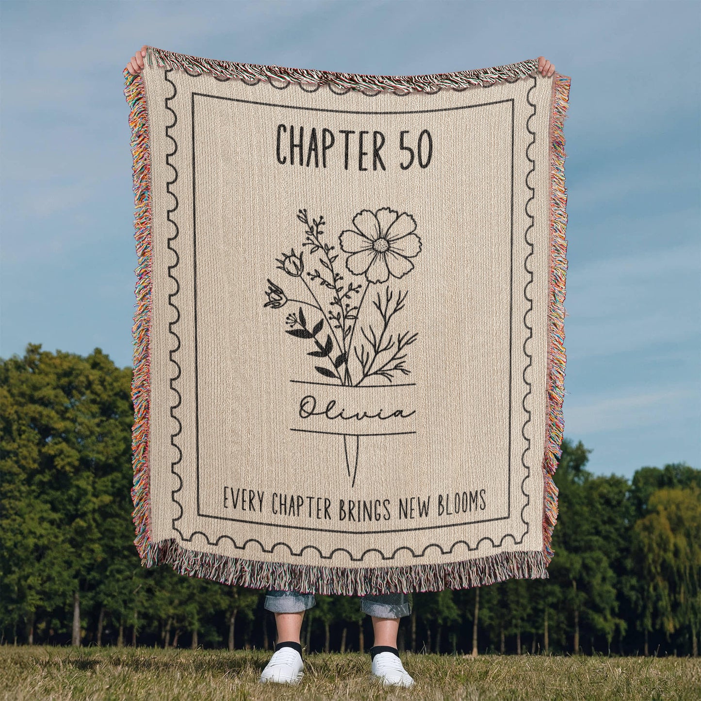 50th Birthday Gift for Her Chapter 50 Name Throw Birth Month Flower Reading Blanket, Personalized Birthday Gift for 50 Year Old