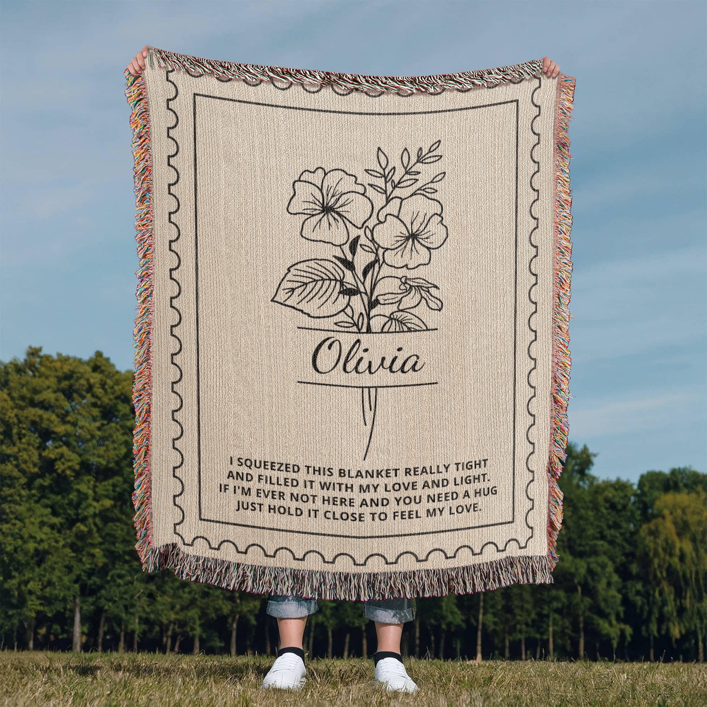 Custom Birth Flower Name Blanket | Personalized Woven Throw for Birthday, Christmas, Mother's Day, Graduation or Anniversary Gift
