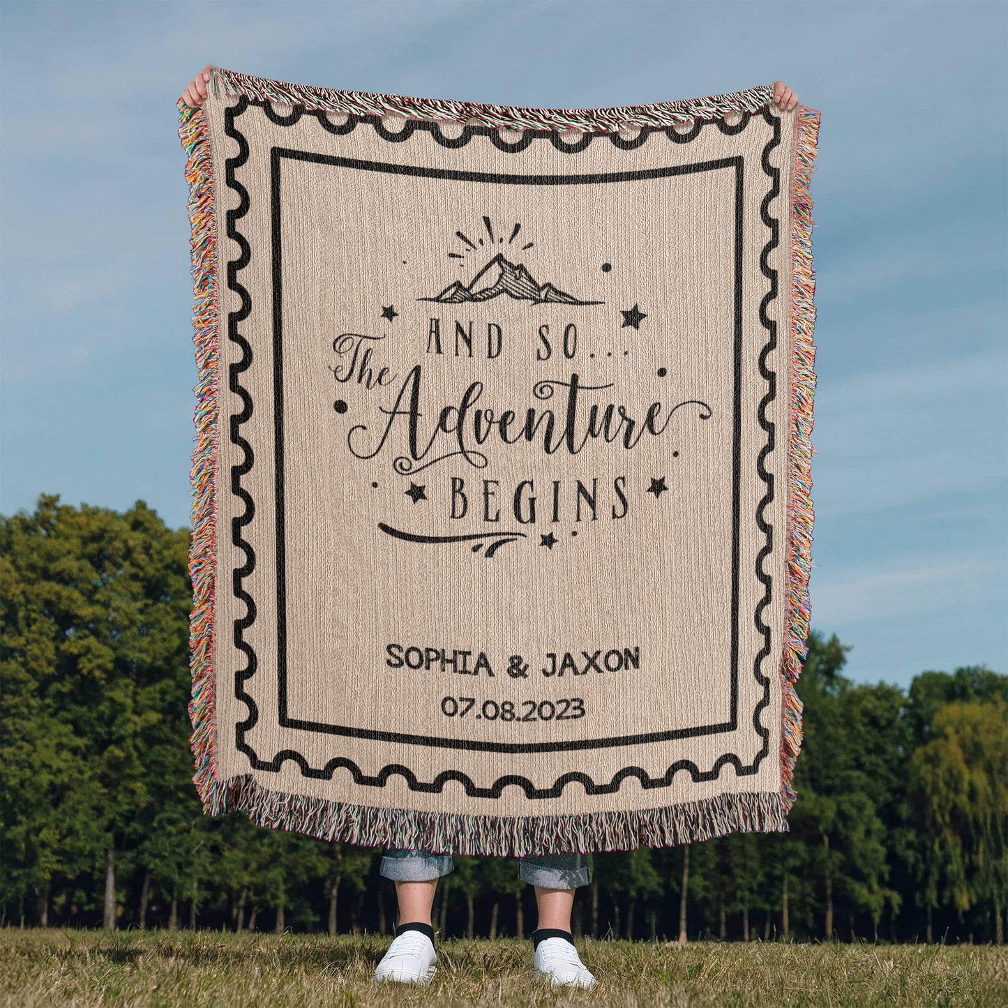 Custom Name and Date Wedding Blanket, Personalized Woven Throw, Hand Drawn Wedding Stamp Gift, Whimsical Couple Keepsake, Wedding Souvenir