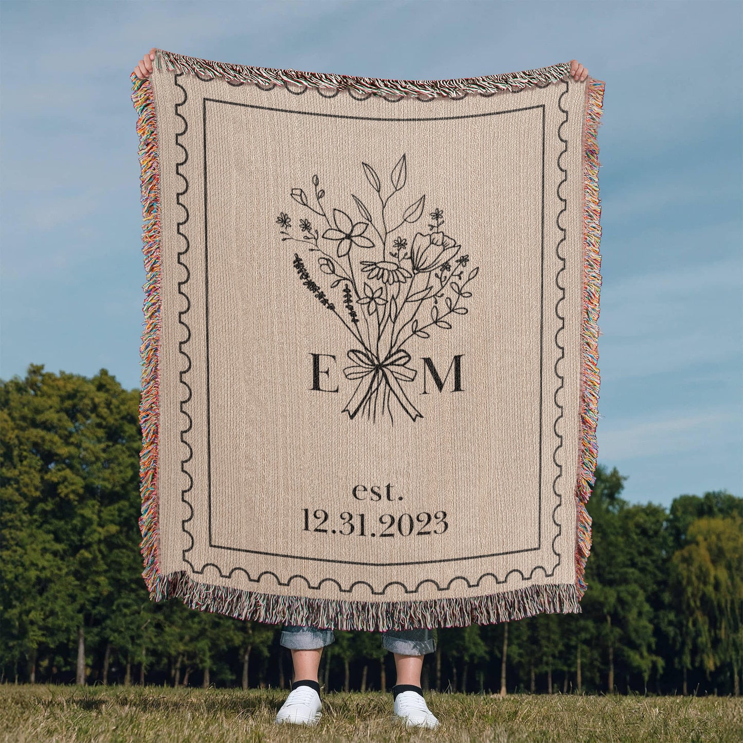 Personalized Cotton Anniversary Blanket | Custom Wedding Throw with Initials & Date | Romantic Christmas Gift for Couples or Wife