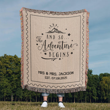 Personalized Wedding Blanket Custom Name Woven Throw, Adventure Begins Gift for Couple, Cotton Anniversary Keepsake Throw