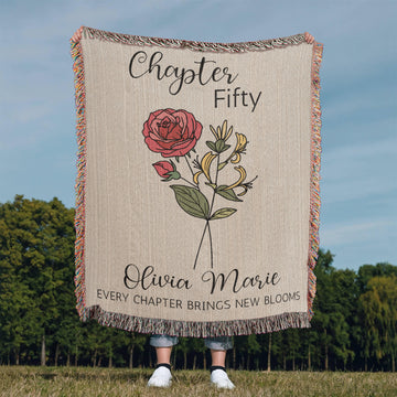 50th Birthday Gift for Women or Men, Chapter 50 Name Blanket, Birth Month Flower Throws, Personalized 50 Years Old Birthday Present