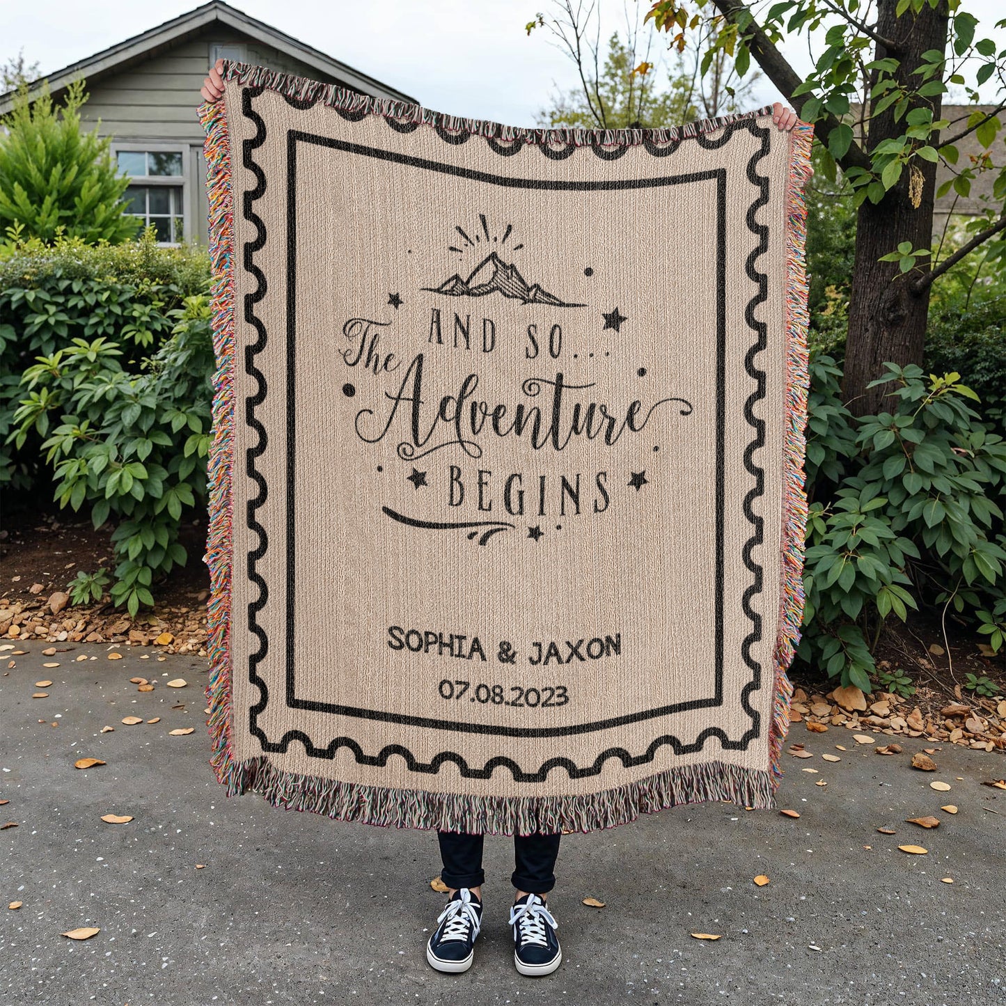 Custom Name and Date Wedding Blanket, Personalized Woven Throw, Hand Drawn Wedding Stamp Gift, Whimsical Couple Keepsake, Wedding Souvenir