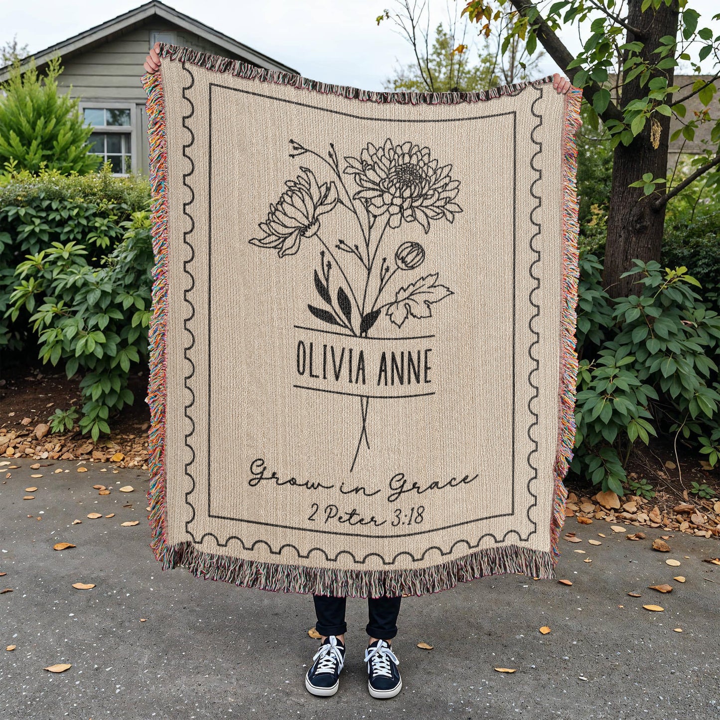 Grow in Grace Personalized Birth Month Flower Cotton Blanket, 2 Peter 3:18 Bible Verse Gift for Her, Christian Gifts for Women, Faith, Jesus