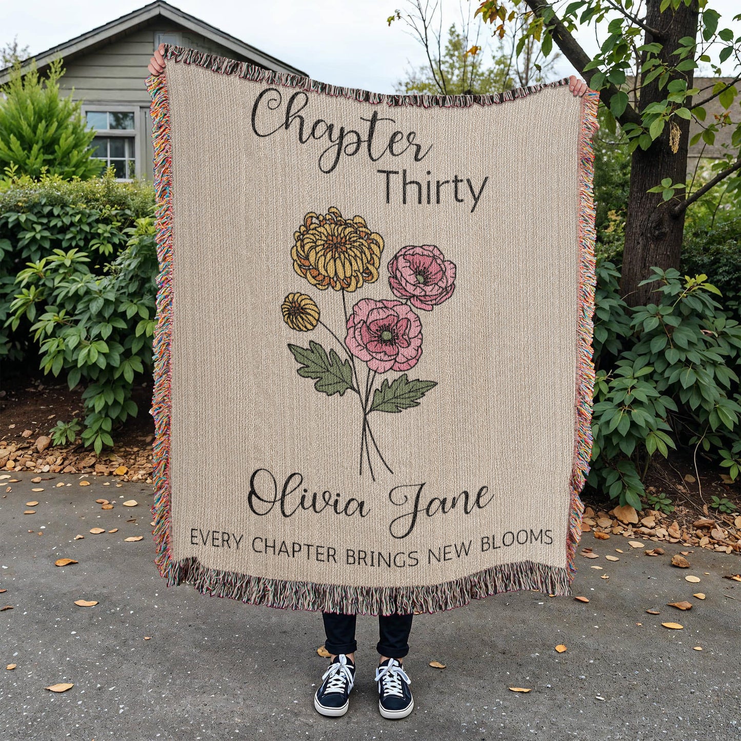30th Birthday Gift for Her or Him, Chapter 30 Name Blanket, Birth Flower Present, Personalized Gift for 30 Year Old Woman or Daughter