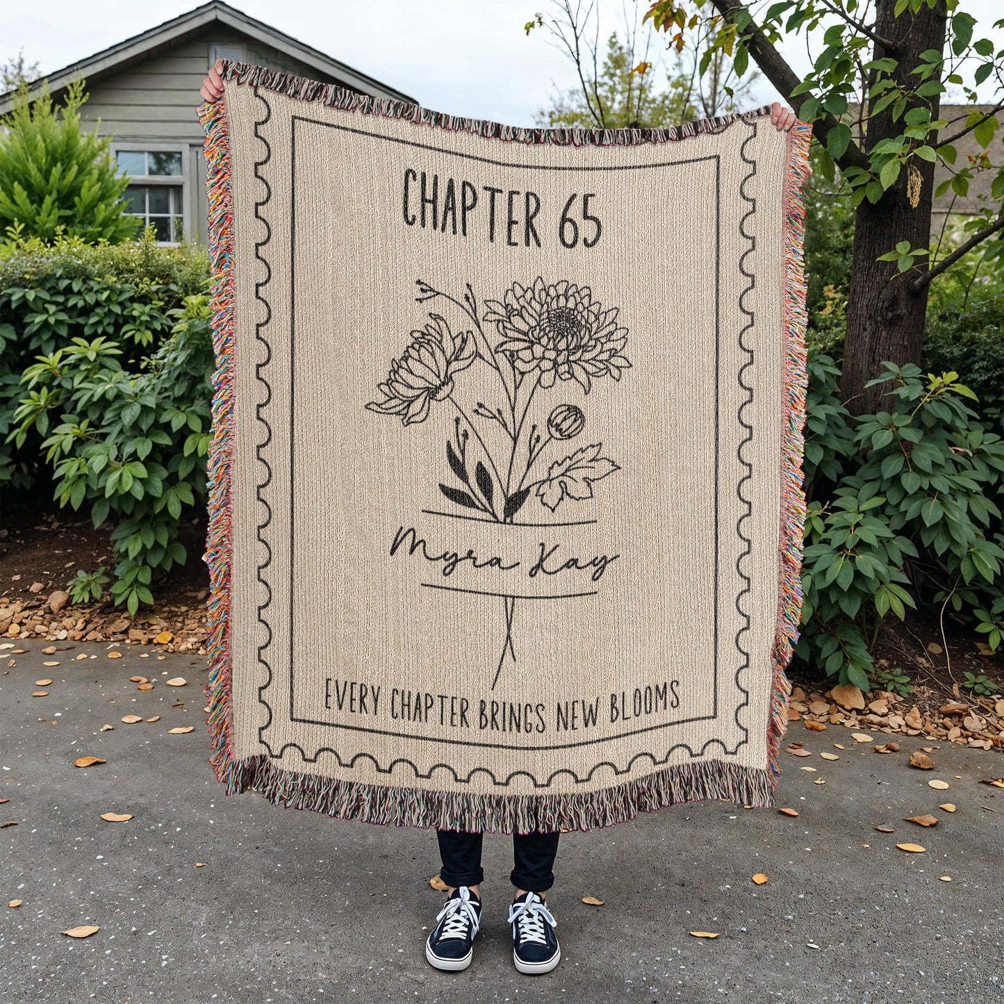 Personalized Birth Flower Name Blanket Cotton Woven Throws 65th Birthday Gift For Women, Friend, Mom, Sister, Grandma