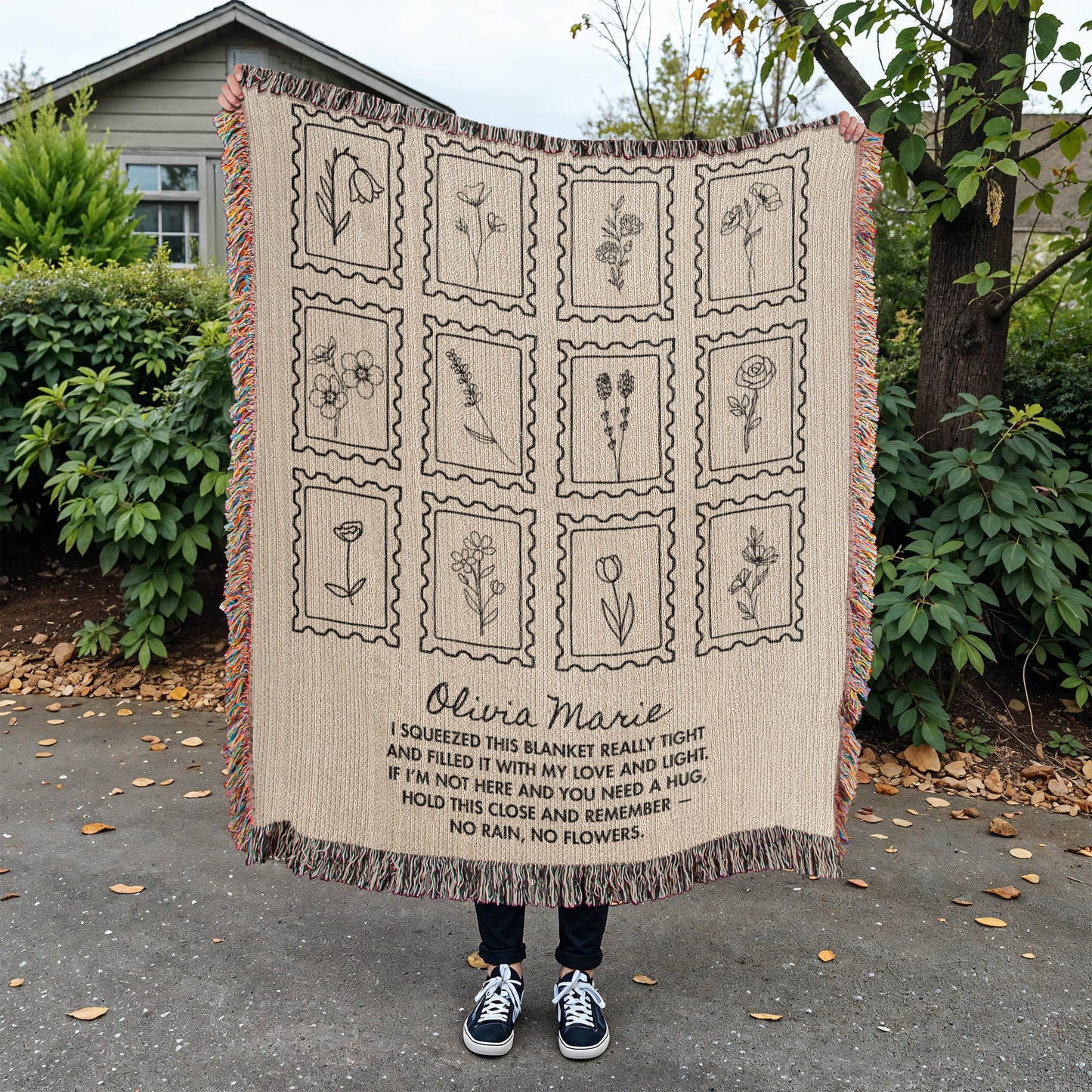 Personalized Hug Blanket Gift | No Rain No Flowers Comfort Throw for Daughter, Son, Mom, Grandma | Encouragement, Memorial, Birthday